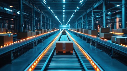 Fototapeta premium Cardboard boxes move along conveyors in a large warehouse