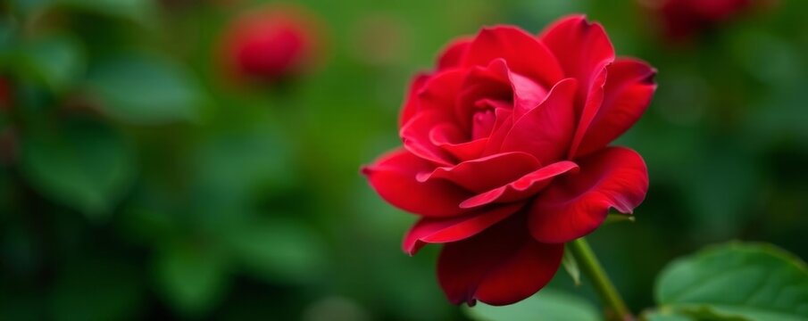 Close-up of a vibrant red rose bloom surrounded by green leaves, green, close-up