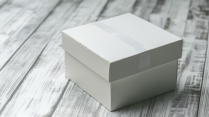 Square white gift box with a thin ribbon on a rustic wooden surface.