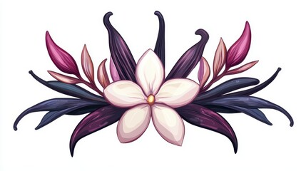 Obraz premium A stunning flower with purple and white petals surrounded by dried vanilla pods creating a beautiful aesthetic display