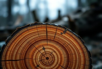 Naklejka premium Close-up of a cut tree trunk, showing wood grain texture and rings, natural background, wood grain