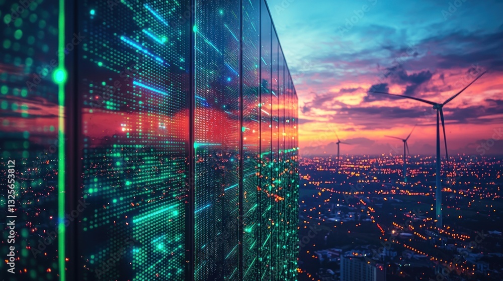 Poster digital building with data displays and wind turbines at sunset