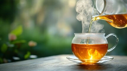 Steaming hot tea being poured into a glass cup outdoors on a wooden table.