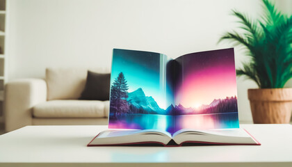 Vivid Landscape Emerging from an Open Book: A Gateway to a Colorful Mountain Lake Scene at Sunset