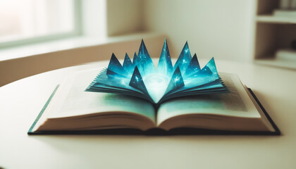 Open Book Displaying a Glowing Blue Mountain Range of Light on a White Tabletop with Window Background
