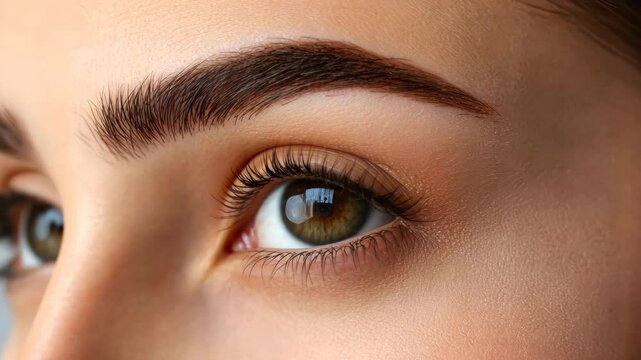 Closeup eye makeup application with bold brows and natural lashes