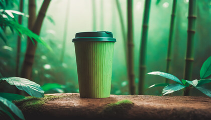 Green Reusable Textured Coffee Cup with Green Lid on a Mossy Log in a Misty Bamboo Forest