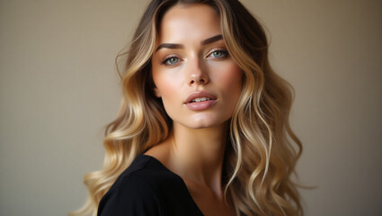 Naklejka premium Elegant Wavy Blonde Hair Women with Natural Gradient Highlights.