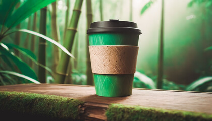 Reusable Bamboo Coffee Cup with Green Protective Sleeve Displayed on a Mossy Log in a Bamboo Forest Setting