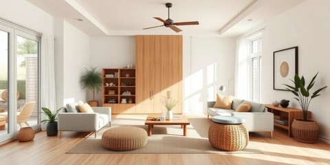 Bright, airy living room with natural textures and earth tones; minimalist design, living room, Japanese