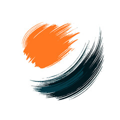 Obraz premium Abstract orange brushstroke and blue swirl artwork on light beige background with copy space 