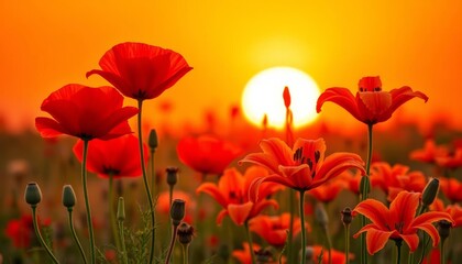 Obraz premium Bold red poppies and vibrant orange lilies burst against a sunset orange backdrop, vivid, orange background