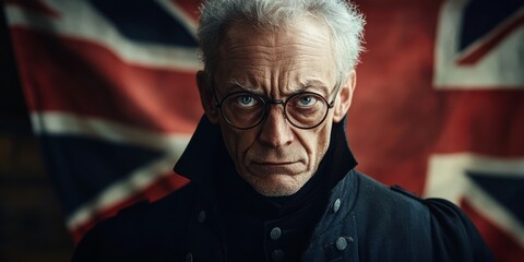 Obraz premium Serious senior professor wearing round glasses posing with united kingdom flag