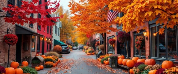 Fototapeta premium Autumnal small town street, vibrant fall colors, pumpkins, leaves, background, cozy