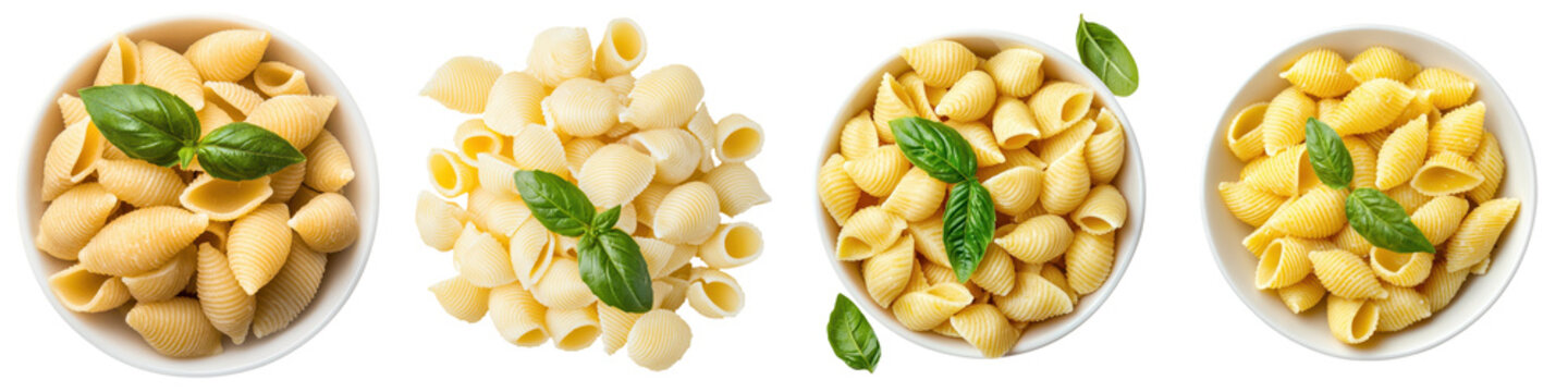 Overhead view of an assortment of various types of fresh pasta such as penne farfalle rigatoni fusilli conchiglie and spaghetti arranged on white plates and bowls
