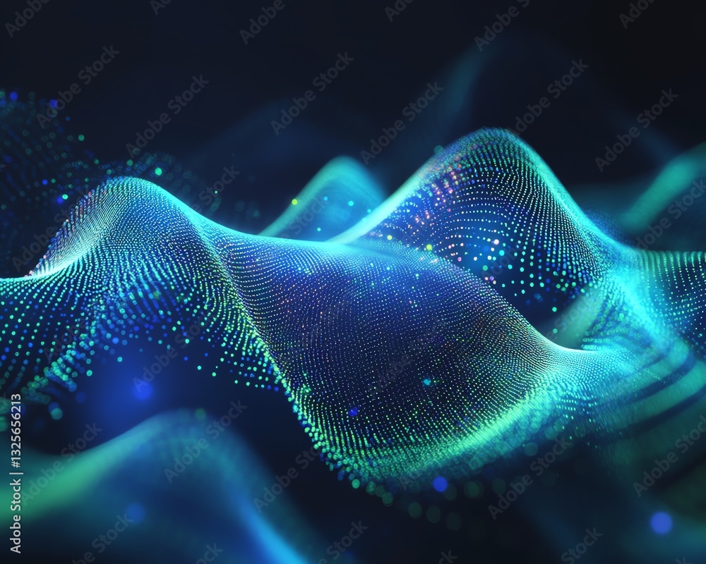 Poster digital binary code flowing in streams on dark backdrop, neon green and blue, technology transfer, h