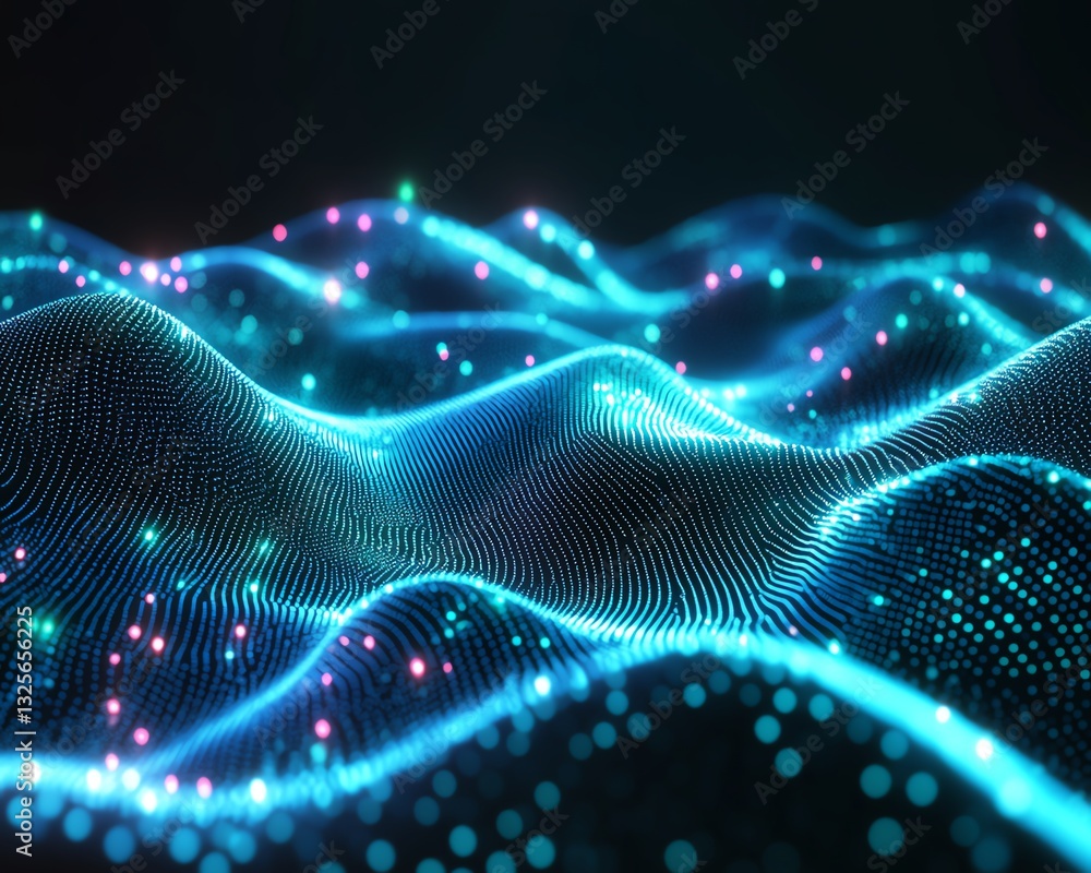 Poster digital binary code flowing in streams on dark backdrop, neon green and blue, technology transfer, h