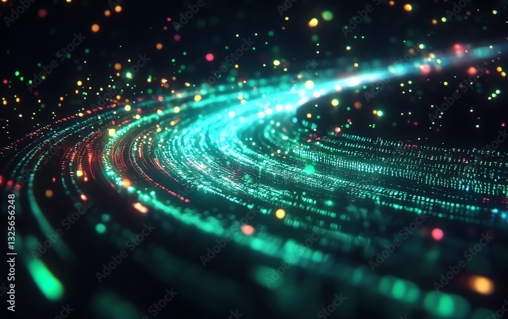 Aufkleber digital binary code flowing on dark backdrop, neon green and blue glow, streaming data transfer, fut