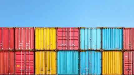 Fototapeta premium Stacked shipping containers of various colors against a blue sky