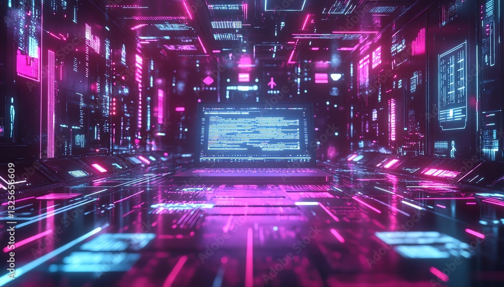 Poster futuristic ai interface with digital icons and symbols surrounding a laptop