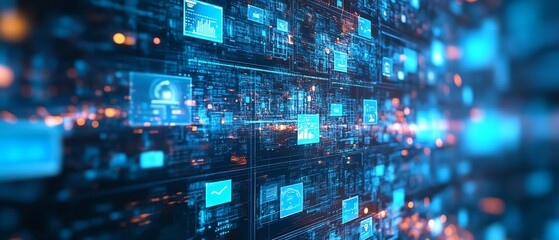 Futuristic digital screens displaying professionals in technology and media, set against a dynamic blue background, digital network, business success, hightech design