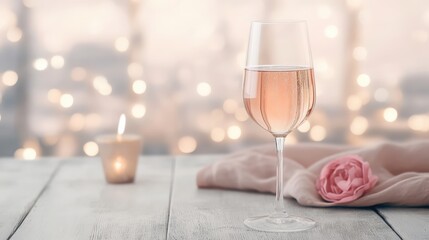 A glass of ros&eacute; champagne sits on a wooden table with a pink rose and a candle in the background. Perfect for a romantic evening.