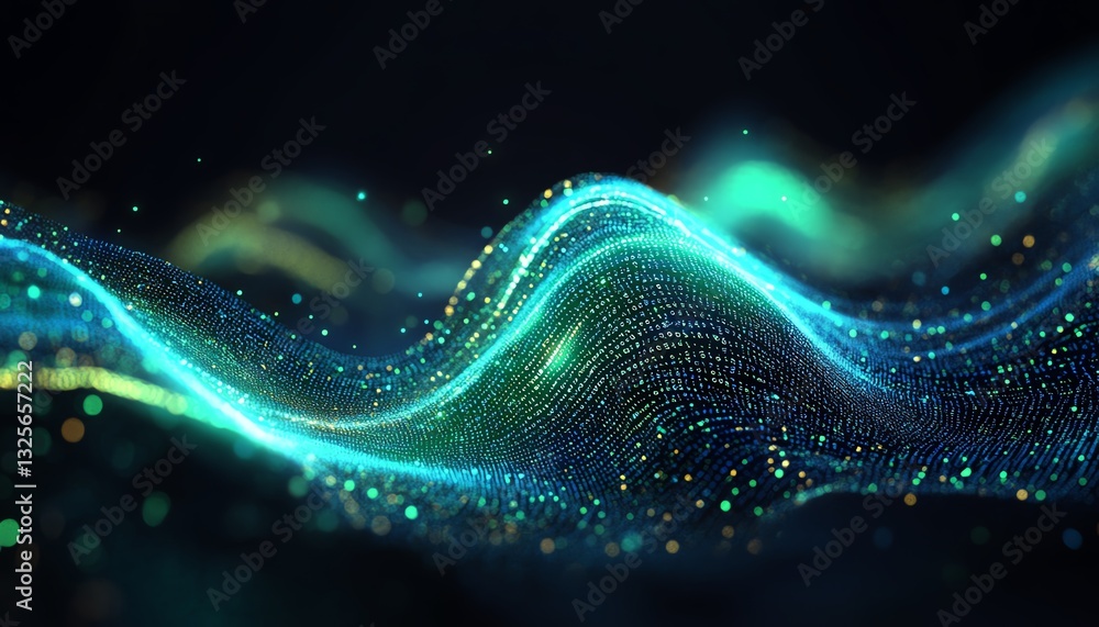 Poster streaming digital binary code on dark background, glowing neon green and blue, hightech data flow, c
