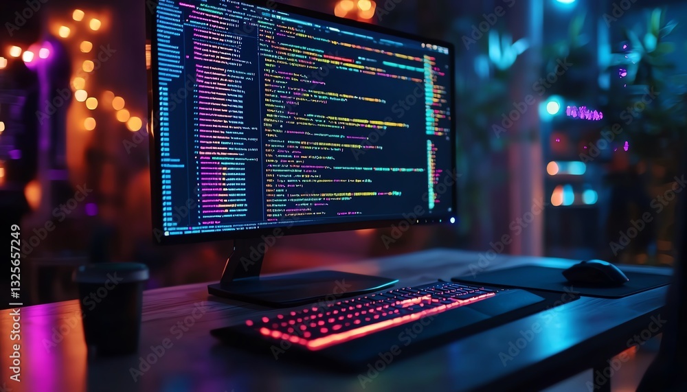 Poster vivid programming code on a monitor, closeup, blurred background, generative ai technology, neoncolo