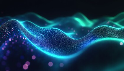 Streaming digital binary code on dark background, glowing neon green and blue, hightech data flow, cyber technology, futuristic concept of information transfer