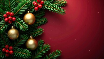 Naklejka premium Evergreen holly branches adorned with red berries and golden ornaments against a classic red and green Christmas background, christmas background, red berries