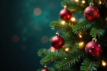 Evergreen Christmas tree with sparkling fairy lights and ornaments, snowflake, festive, sparkle