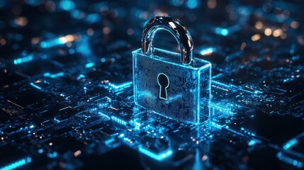 A glowing digital padlock resting on a circuit board design