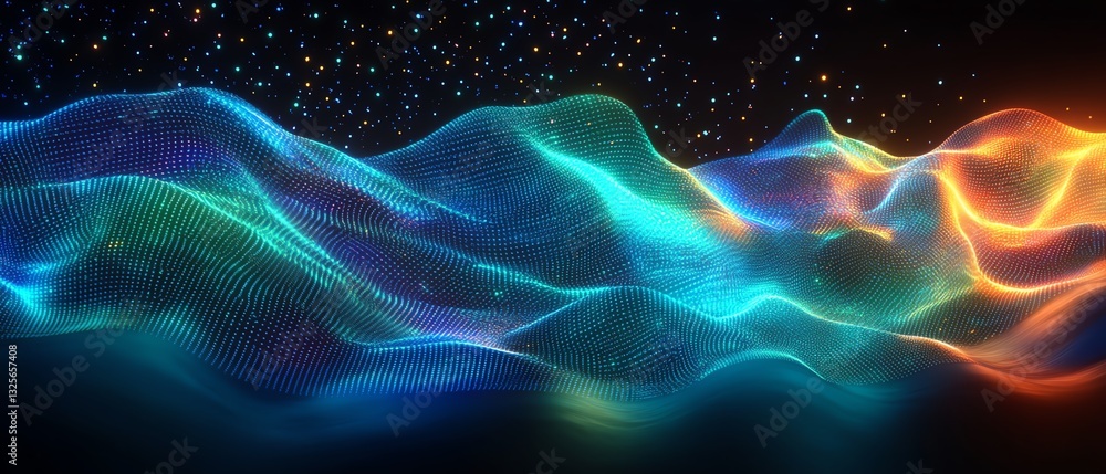 Poster abstract binary code streaming on dark background, glowing neon green and blue data, digital technol
