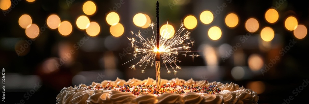 Fototapete close-up of a sparkler on a birthday cake with a bokeh of lights in the background