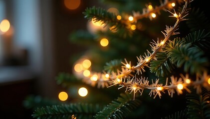 Sparkling garland wrapped around a Christmas tree, abstract, sparkling, bright