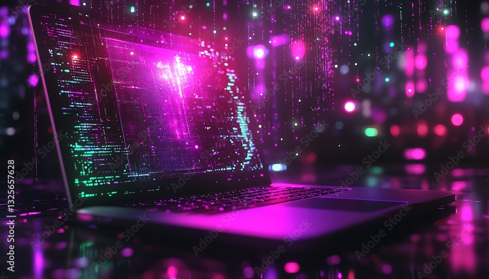 Poster artificial intelligence concept with floating digital icons above a laptop