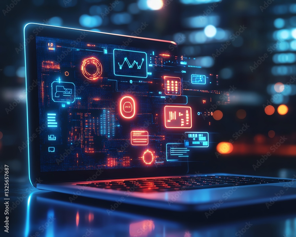 Poster artificial intelligence concept with dynamic digital icons over a laptop screen