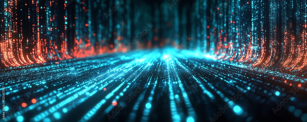 Poster binary code data stream on a dark background, glowing neon green and blue, digital flow, futuristic 