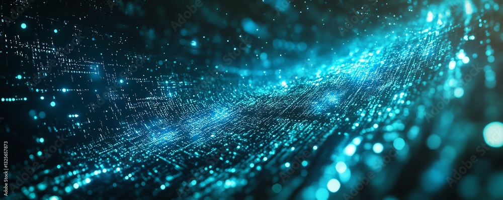 Poster binary code data stream on a dark background, glowing neon green and blue, digital flow, futuristic 