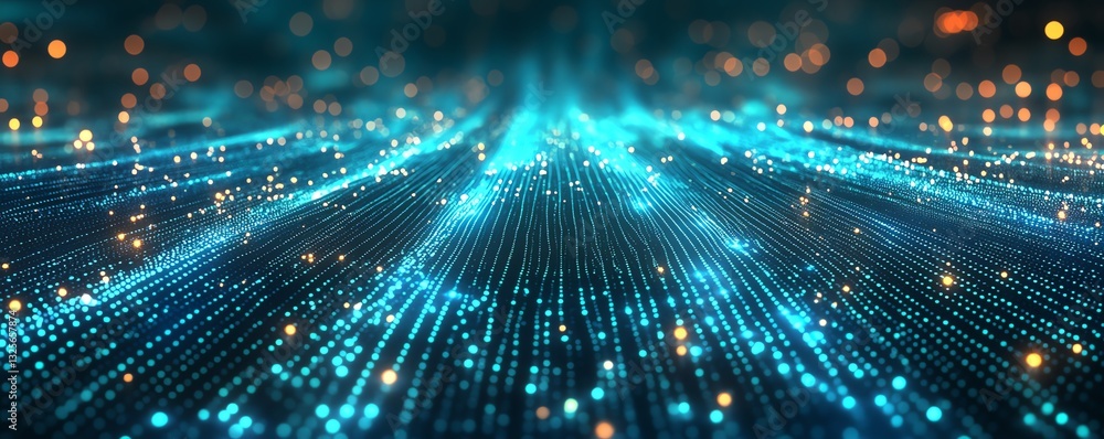 Poster binary code data stream on a dark background, glowing neon green and blue, digital flow, futuristic 