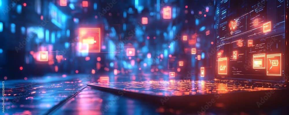 Poster concept of artificial intelligence with glowing digital icons floating over a laptop, futuristic int