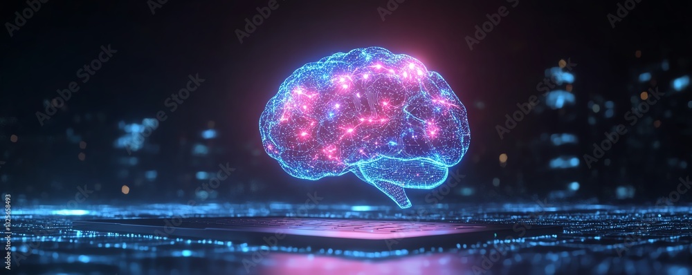 Poster concept of artificial intelligence with glowing digital icons floating over a laptop, futuristic int