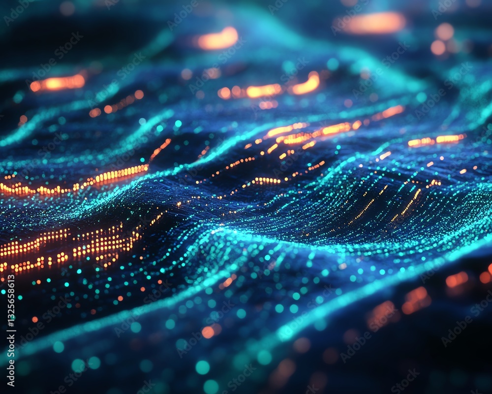 Poster digital binary code data streaming on a dark background, glowing neon green and blue, futuristic tec
