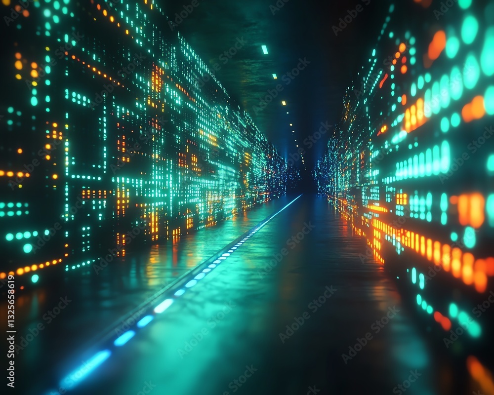 Poster digital binary code data streaming on a dark background, glowing neon green and blue, futuristic tec