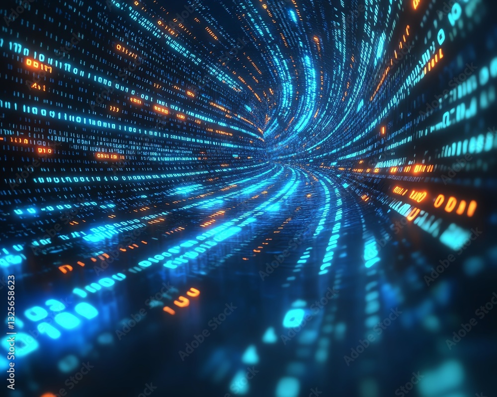 Poster digital binary code data streaming on a dark background, glowing neon green and blue, futuristic tec