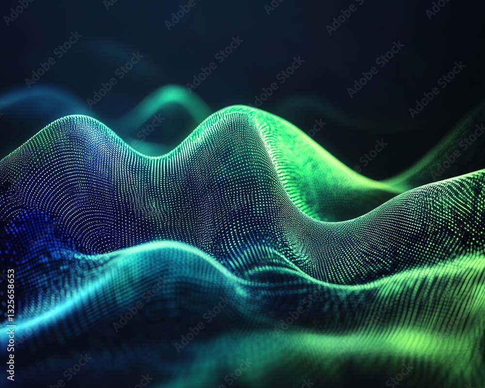 Poster digital binary code flowing in streams on dark backdrop, neon green and blue, technology transfer, h