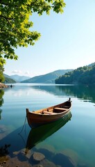Obraz premium Small wooden boat in calm waters of Lake Ladoga, lake, trees
