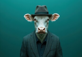 A cow wearing a suit and hat poses against a teal background, blending humor with an unexpected twist on animal representation.