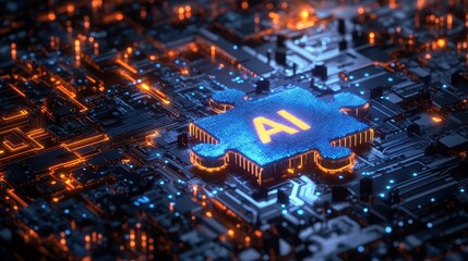 A vibrant close-up of a computer chip with "AI" illuminated, symbolizing advanced technology and artificial intelligence in a digital landscape.