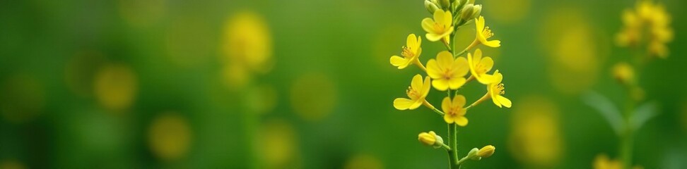 Fototapeta premium Small yellow flowers in a loose, open arrangement on a branched stem, axillary inflorescence, bloom spike